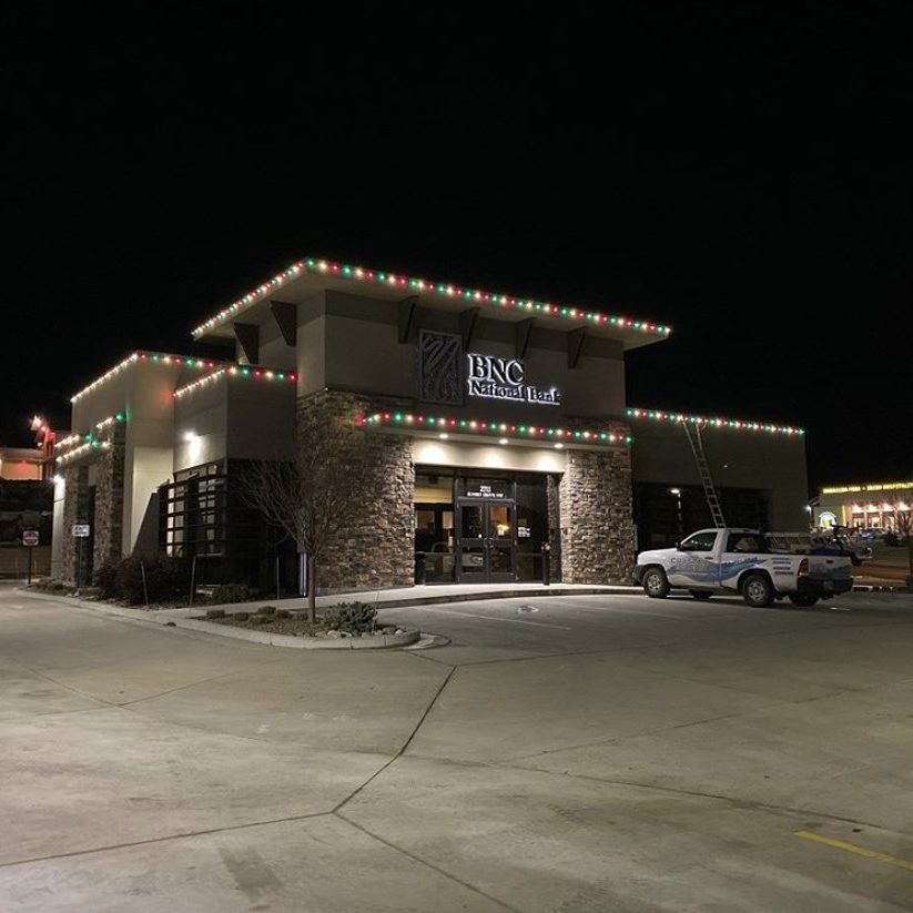 BNC National Bank with installed Christmas lights